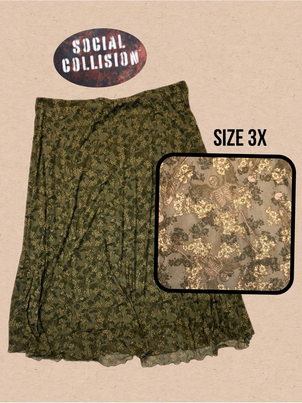 Social Collision Skeleton Floral Mesh Lettuce Hem Midi Skirt 3X Whimsigoth⁠